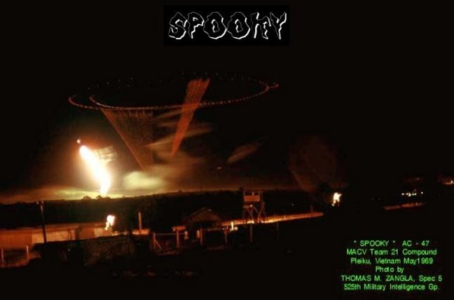 United States Air Force AC-47 Gunship night time gun tracers lighting sky.